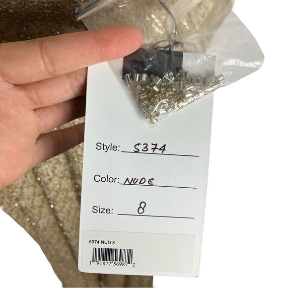 MAC DUGGAL Dress WMNS 8 Nude Lattice Open‎ Back Beaded Maxi Gown Train Sexy - Picture 7 of 13